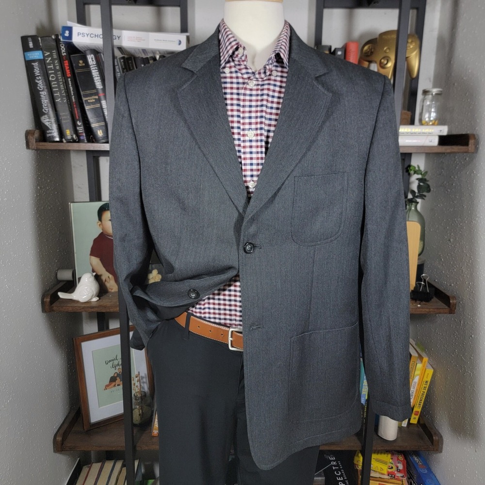 Izod‎ Men's Flannel Blazer Jacket Two Button Gray Herringbone Poly Wool Size XL